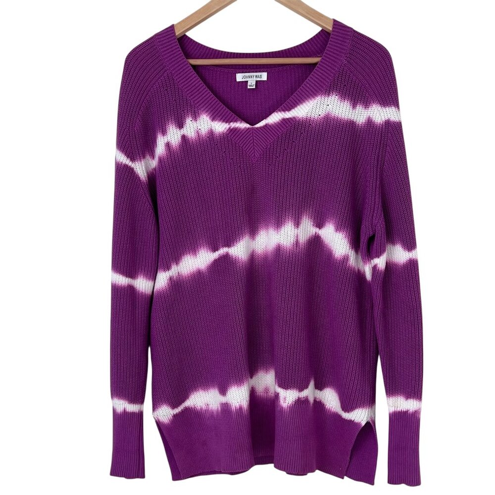 Johnny Was Purple Shimmer Tie Dye V-Neck Cotton Knit Pullover Sweater Size Large